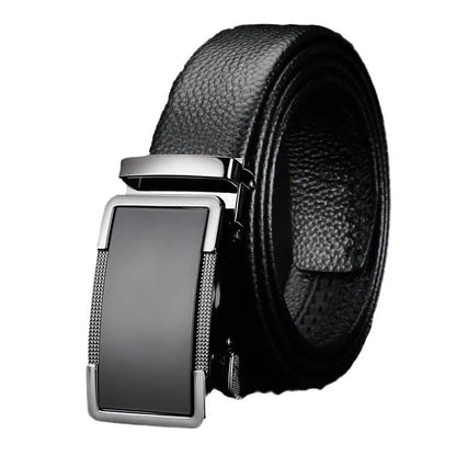 Men's leather belt with automatic buckle in gold, silver and gun black colours showing comfort click mechanism