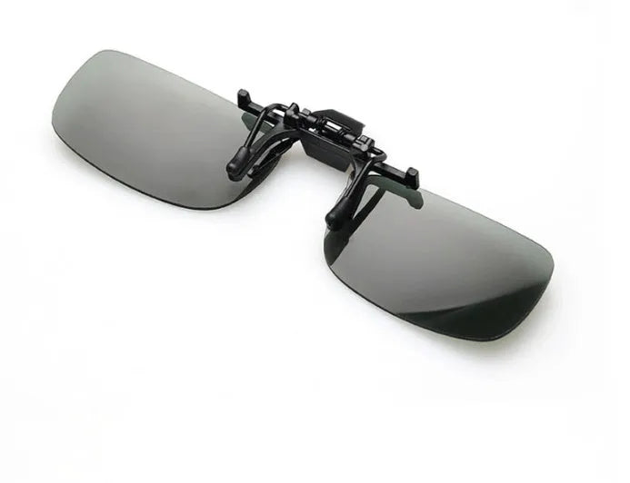Clip-on sunglasses for prescription glasses in PC material, shown in large and small sizes with different coloured lenses.