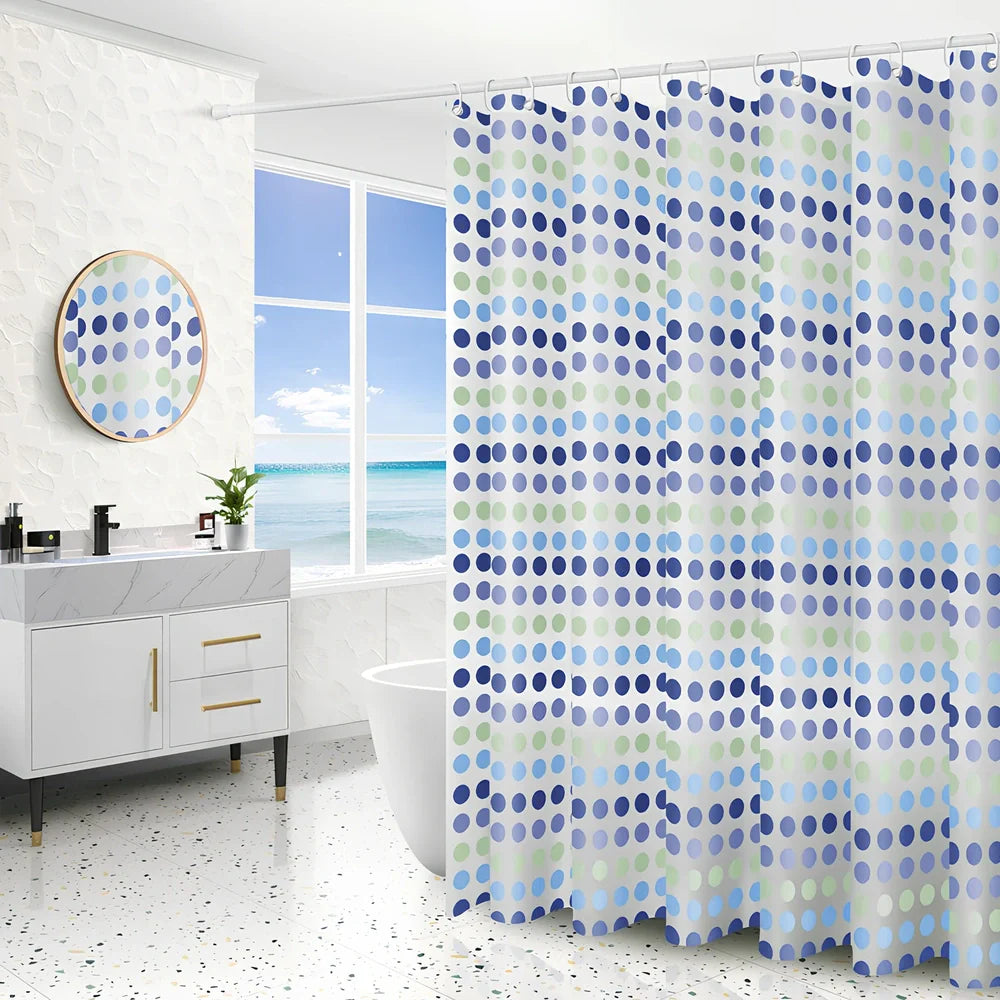 PEVA shower curtain in geometric dandelion pattern, 120cm wide x 180cm high with stainless steel buttonholes for waterproof bathroom use