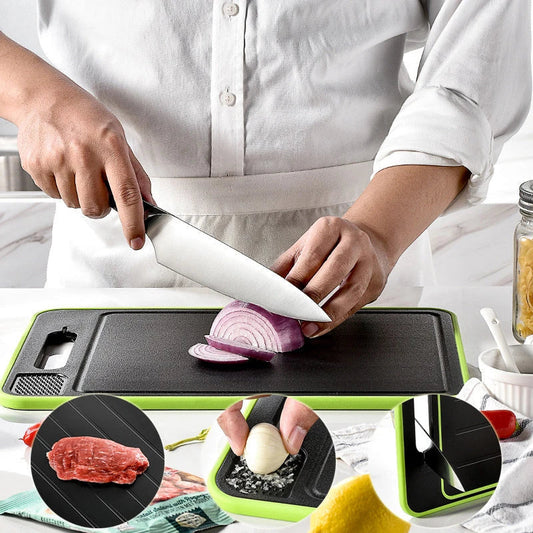 Versatile cutting board with thawing and sharpening functions, made of durable aluminum with grinding teeth and built-in whetstone