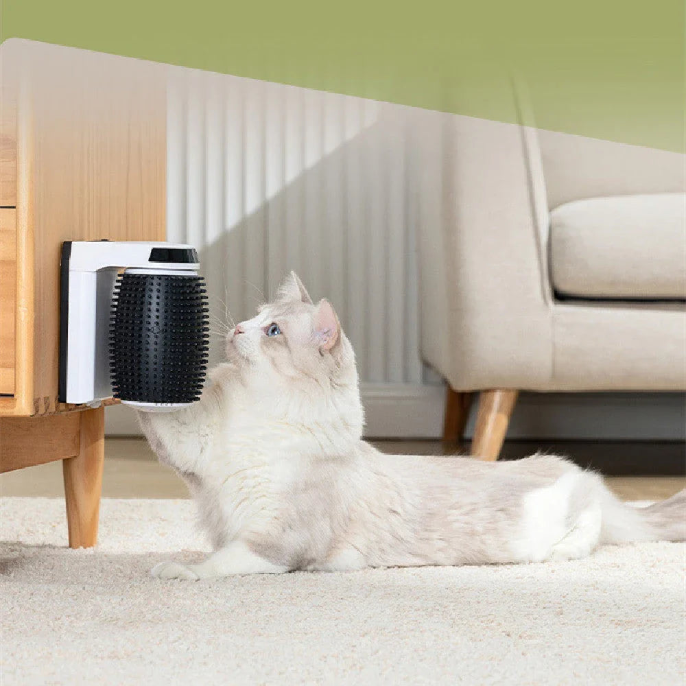 Automatic wall-mounted cat groomer with soft, gentle brushes for hands-free, self-grooming