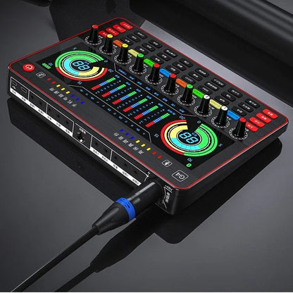 G4 professional USB sound card mixer with LCD screen, multiple knobs, and included microphone and cables