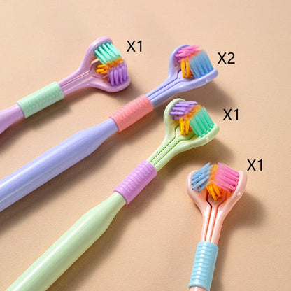 A soft bristle toothbrush with a unique triple-sided brush head for deep cleaning and customizable bristle firmness.