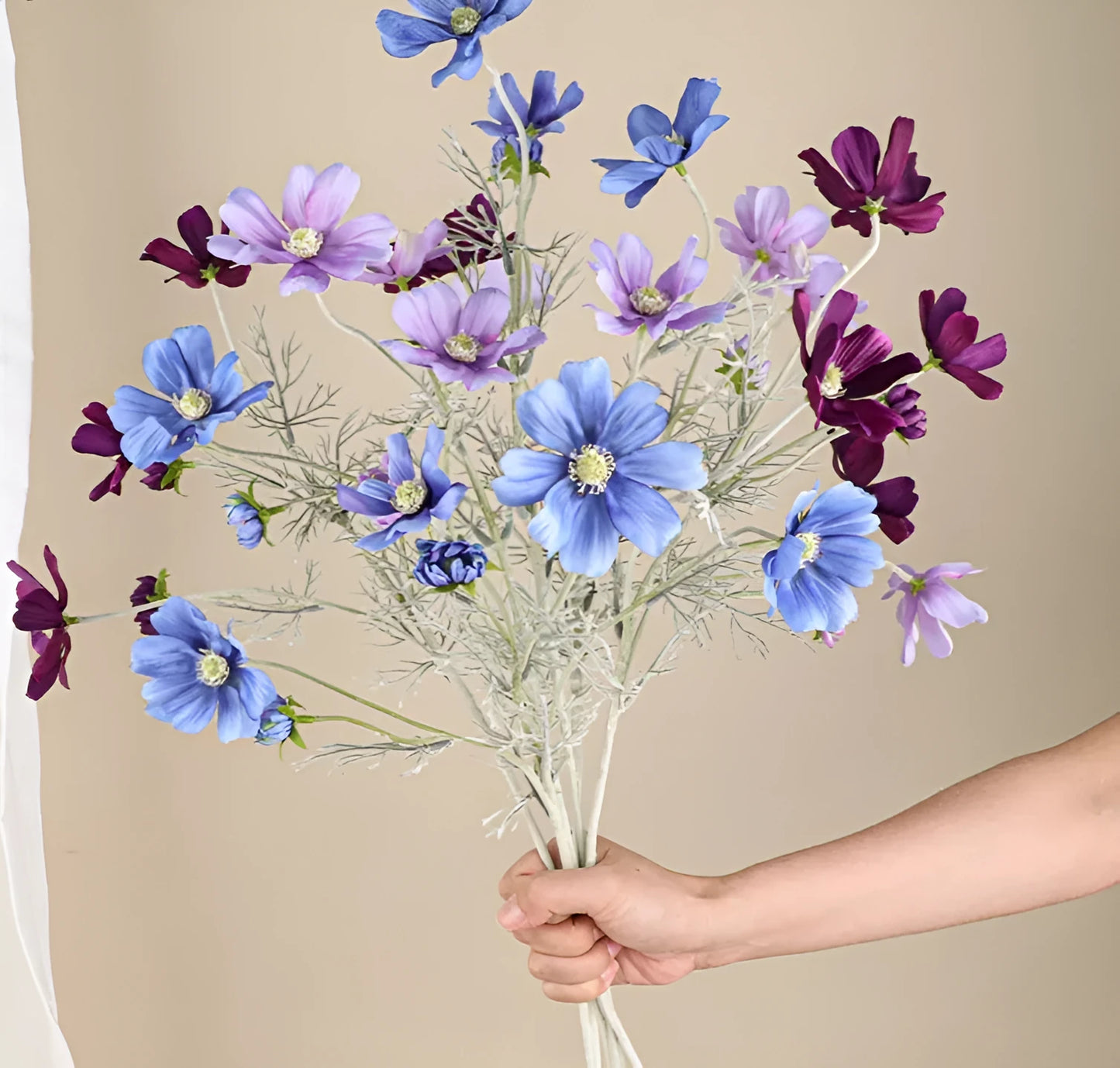 Small artificial Persian chrysanthemum bouquet in milky white colour with plastic stems and silk petals