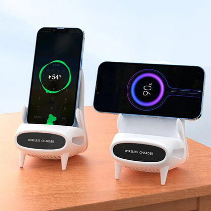 White portable mini chair wireless charger on desk with phone, showing compact 96.3mm size and fast charging