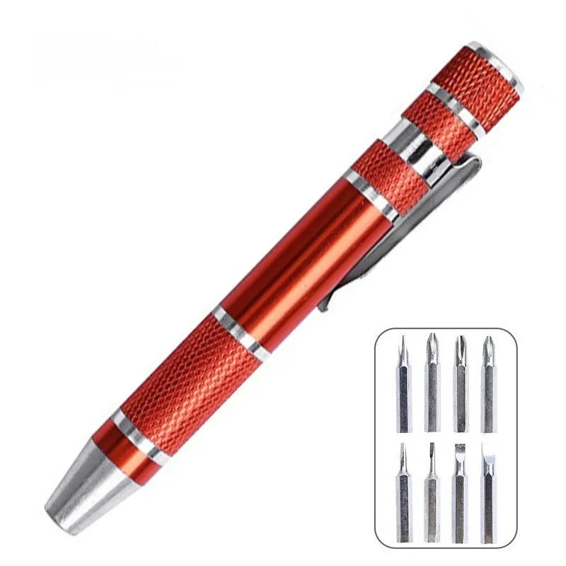 8-in-1 pen-type screwdriver set with aluminium handle and multiple coloured options on a white background.