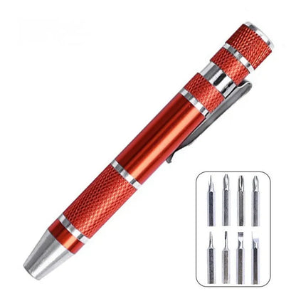 8-in-1 pen-type screwdriver set with aluminium handle and multiple coloured options on a white background.