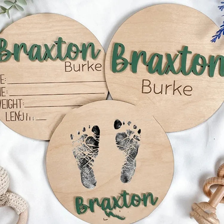 Brown limewood baby birth bulletin board in modern art style showing five available sizes
