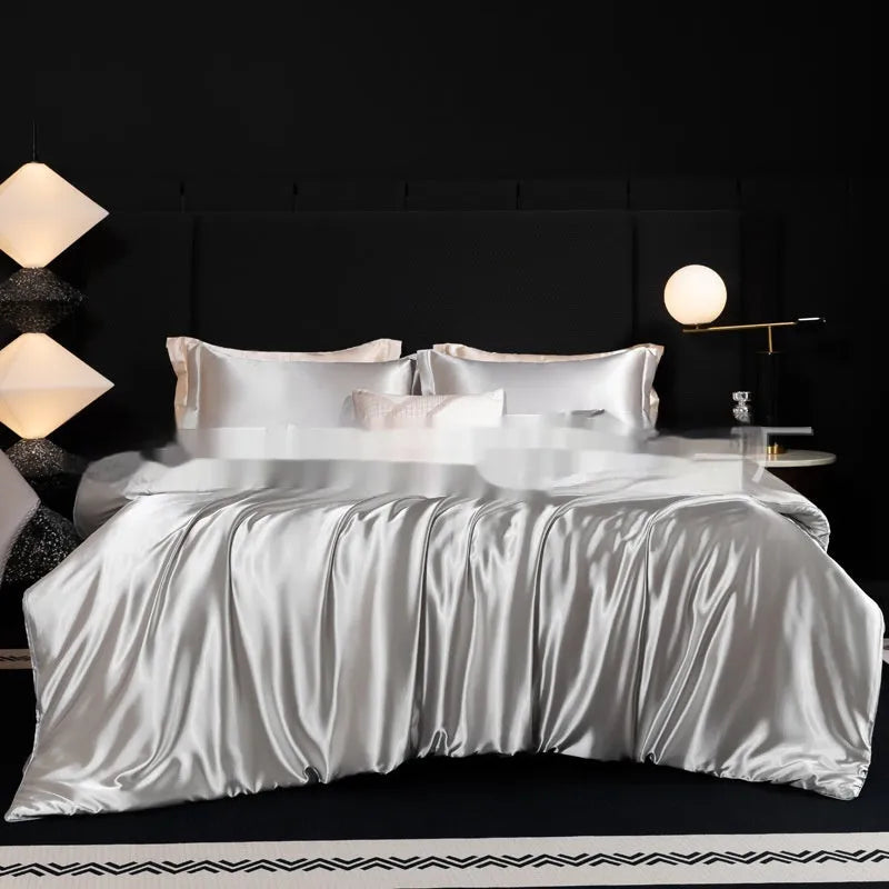 Household Fashion silk bed sheet four-piece set in Ash Purple colour on UK double bed