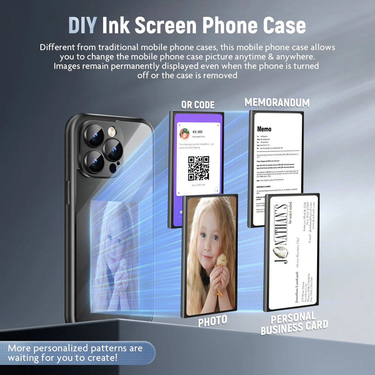 Black iPhone 15 Pro Max flip phone case with a custom graphic displayed on its integrated E Ink screen.