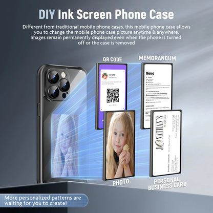 Black iPhone 15 Pro Max flip phone case with a custom graphic displayed on its integrated E Ink screen.