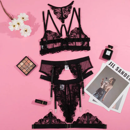 Black women's bikini set with embroidery stitching on mesh material, three-point style design