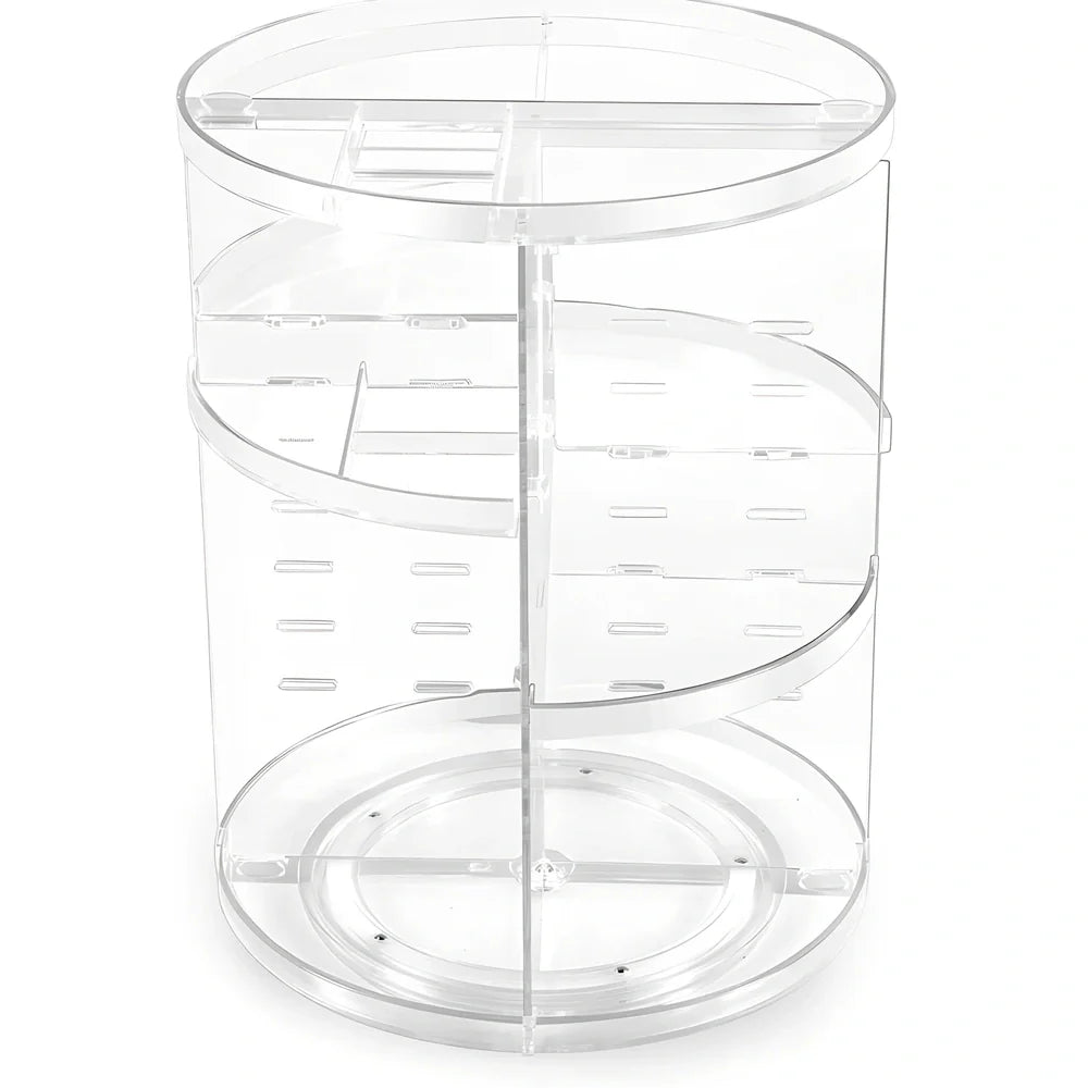 Transparent rotating cosmetics storage rack on table, diamond pattern style, holding skincare bottles, 25cm height