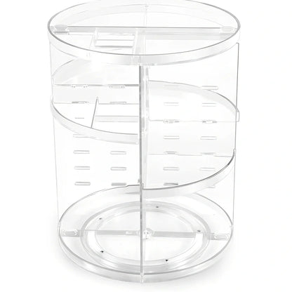 Transparent rotating cosmetics storage rack on table, diamond pattern style, holding skincare bottles, 25cm height