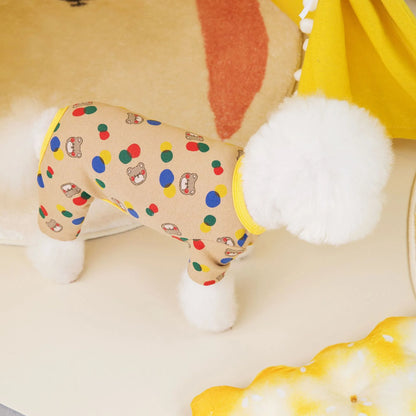 Beige dog clothing with colourful ball bear design, made from cotton and spandex blend, size L shown.