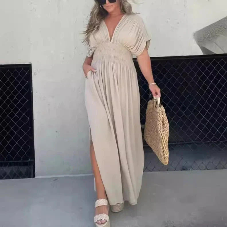 Elegant bat-sleeve v-neck slit dress in a variety of summer colors, featuring a flattering silhouette and comfortable polyester fabric