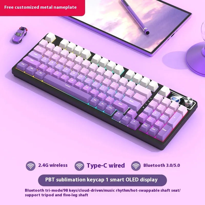 98-key wireless mechanical keyboard kit in black or white with optional LED screen and metal knob