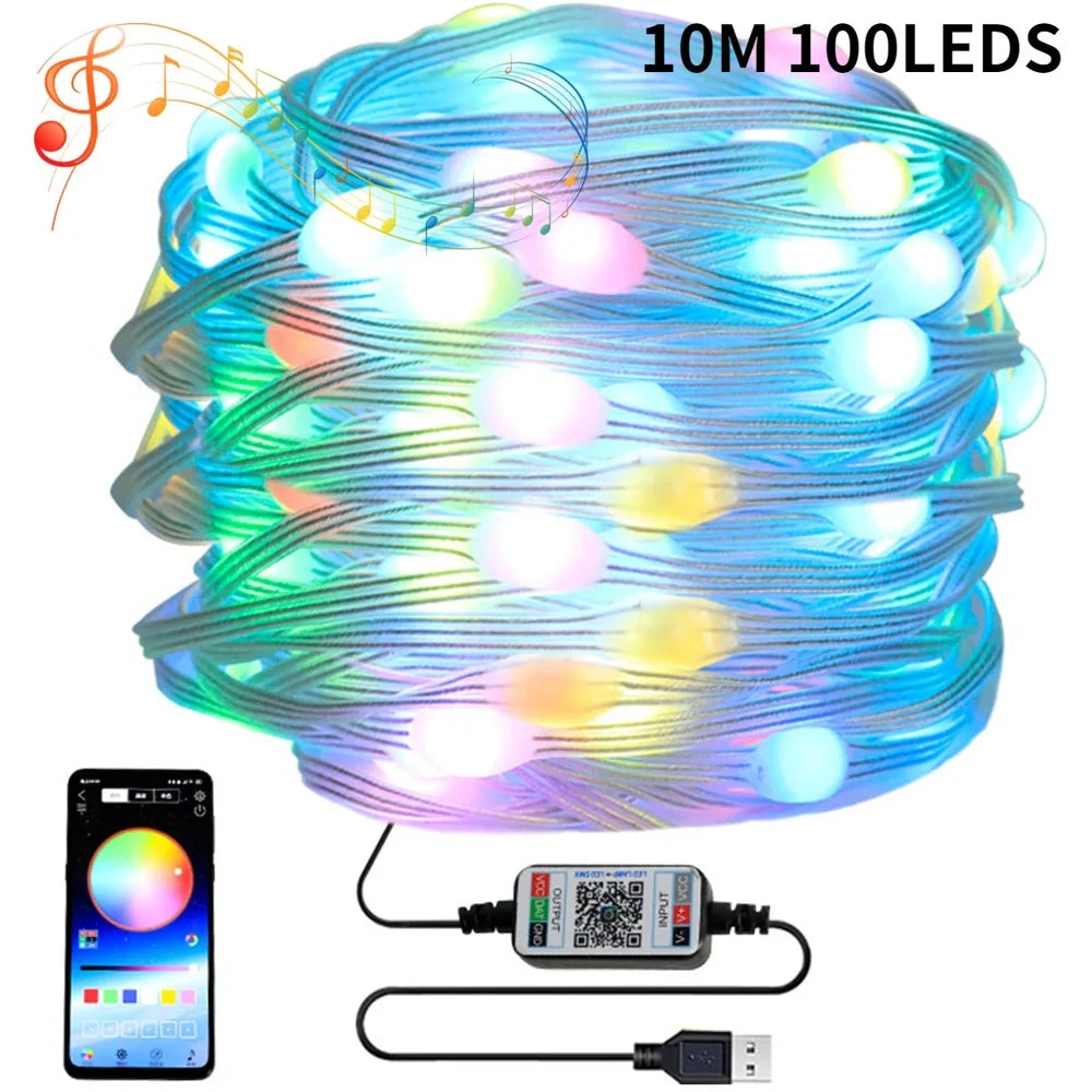 Bluetooth graffiti light string in picture colours, 100 LEDs over 10m with point control app interface