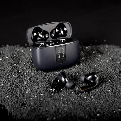 Jerry X08 wireless Bluetooth earbuds in charging case with digital battery percentage display.