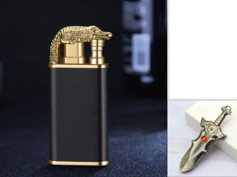 Metal windproof lighter with double flame and dragon design, showing flame from mouth.
