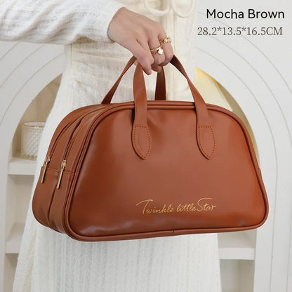 Leather travel toiletry bag with dry-wet separation compartments in caramel mocha colour