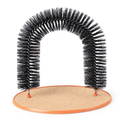 Arched cat grooming toy with built-in brush bristles for scratching and rubbing, made from durable plastic