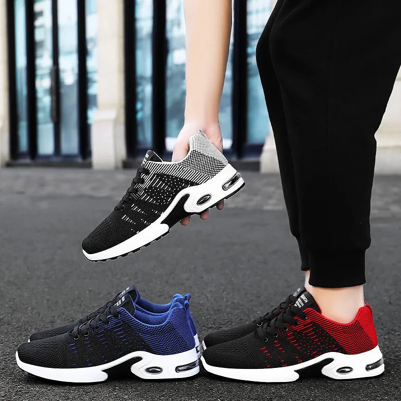 Men's black Flyknit mesh sneakers with round toe and lace-up front in casual low-top design