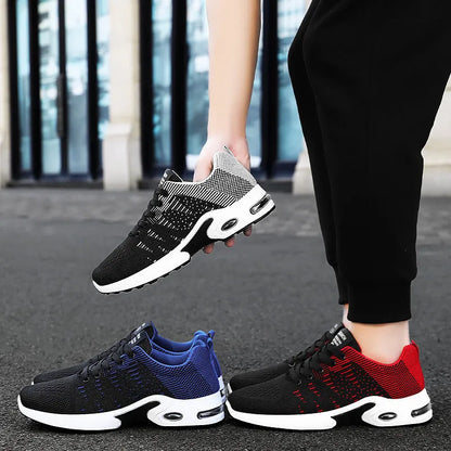Men's black Flyknit mesh sneakers with round toe and lace-up front in casual low-top design