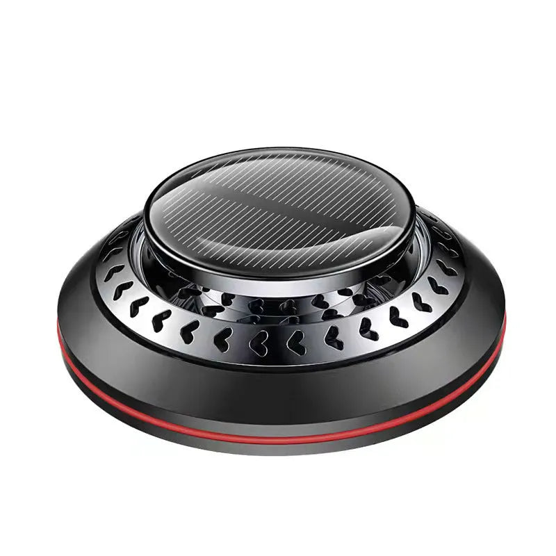 Solar car perfume air purifier with essential oil diffuser and beech wood fragrance chips for odour removal and interior freshening in black, red, or silver aluminium alloy casing measuring 80 x 33.5 mm