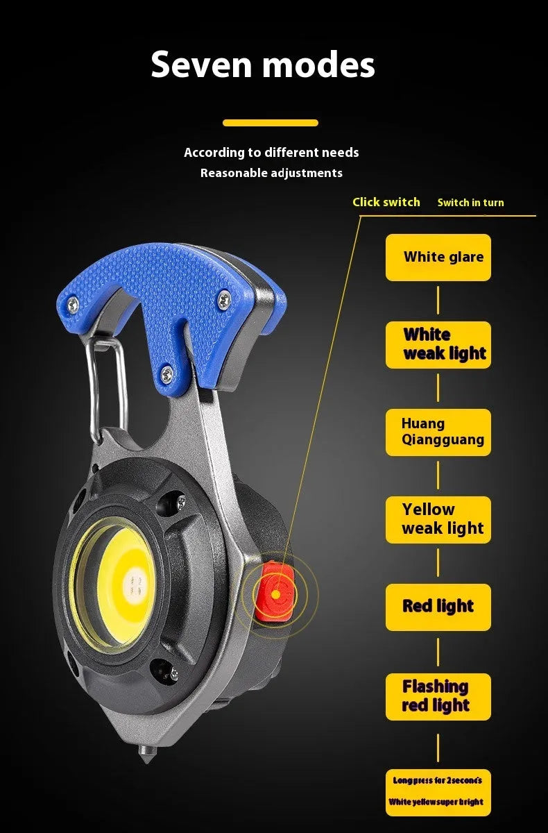 Multifunctional keychain flashlight with window breaker and screwdriver, showing Type-C charging port and LED display.