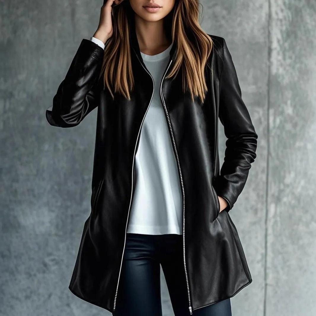 Women's black leather-look polyester jacket with long sleeves and medium length