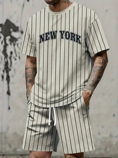 Men's grey 3D printed letter design sports suit consisting of a short sleeve top and matching shorts