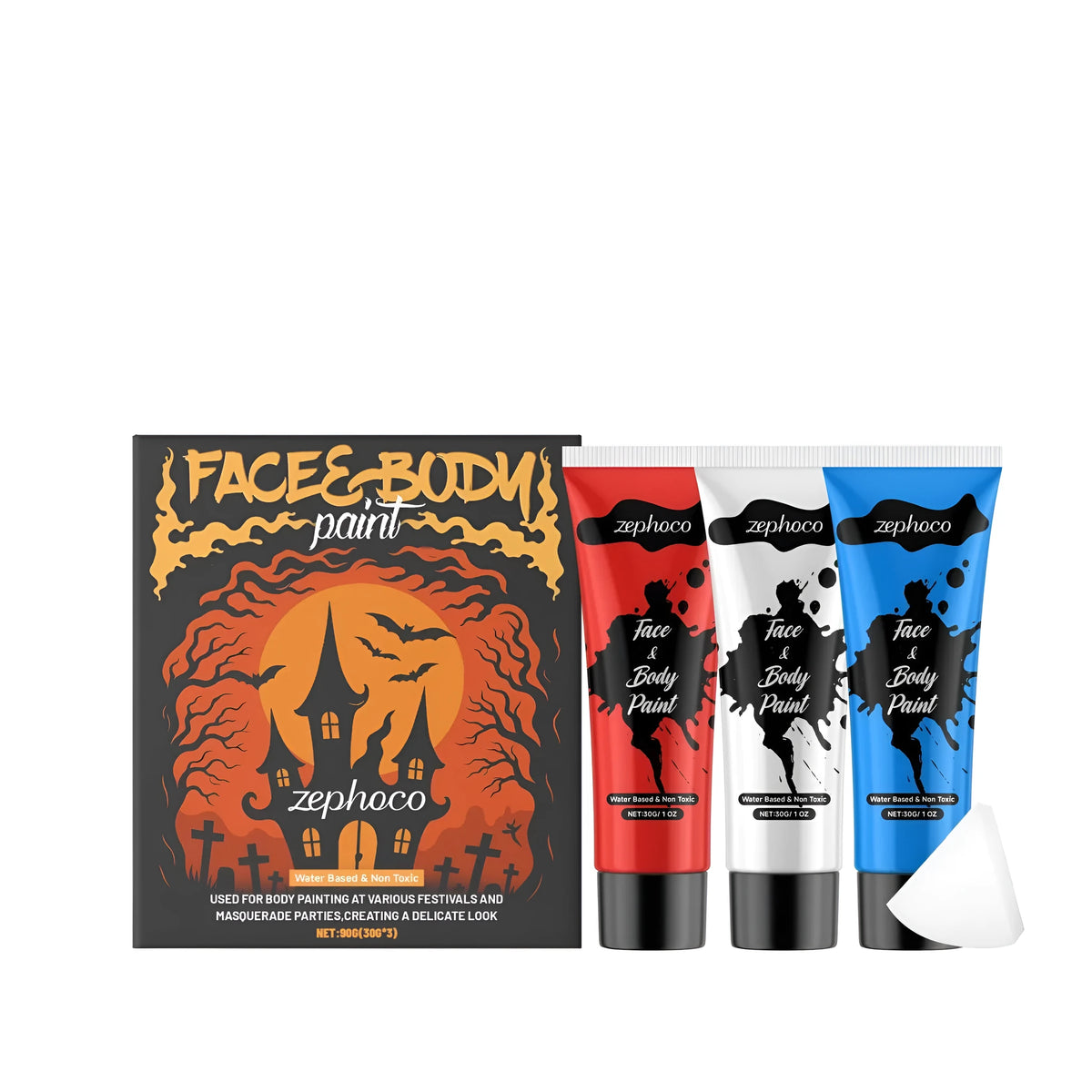 Halloween facial and body painting set showing 90g cream paint pot and painted suit