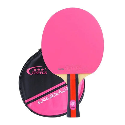 Single pack table tennis racket with high-elastic wood blade and racket cover, shown with pink shakehand grip.