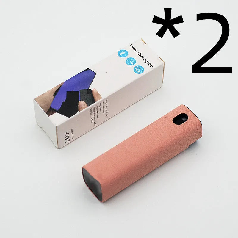 Portable all-in-one screen cleaner kit with protective shell, microfiber wipe, and internal fluid bottle.