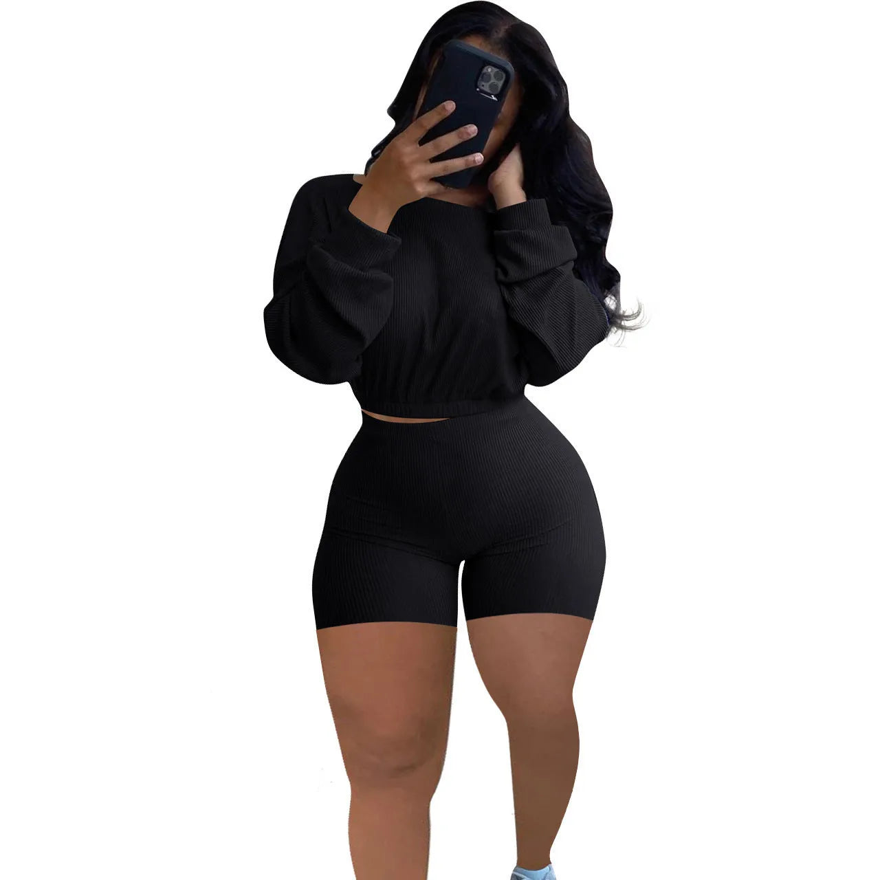 Women's sunken stripe off-the-shoulder two-piece set with long sleeves and matching shorts