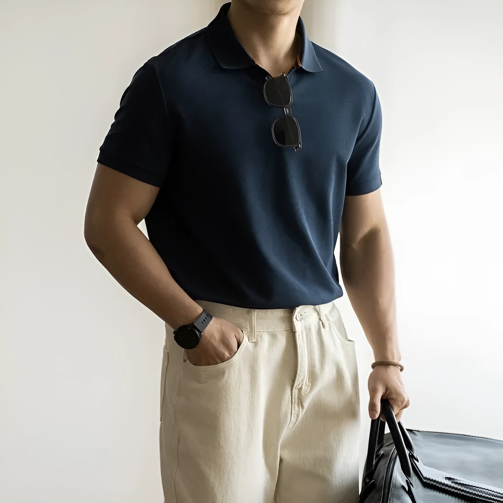 American-style cotton polo shirt in blue, black or white with short sleeves and regular fit