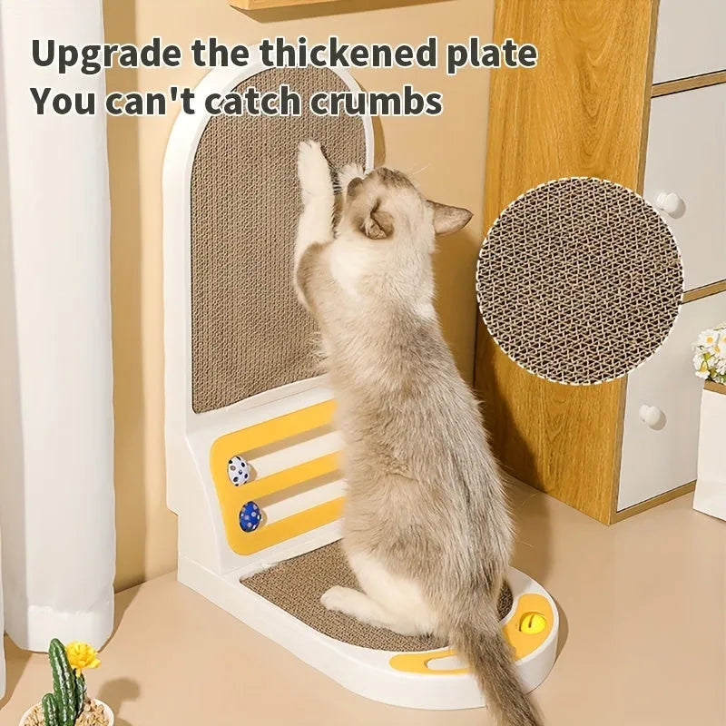 Grey L-shape cat scratching board with sisal surface, shown vertical against a wall.