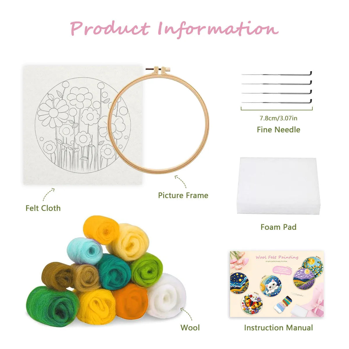 Round three-dimensional embroidery kit with linen fabric, wool felt pieces, and embroidery frame for 20x20 cm blanket painting