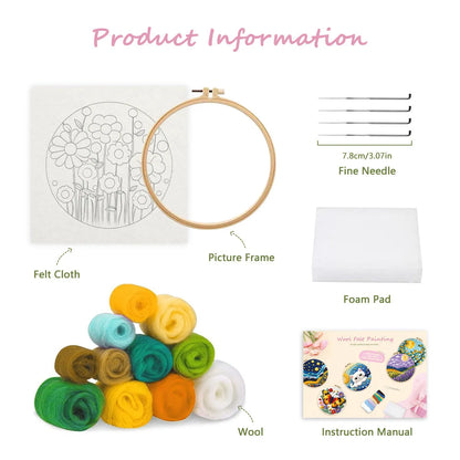 Round three-dimensional embroidery kit with linen fabric, wool felt pieces, and embroidery frame for 20x20 cm blanket painting