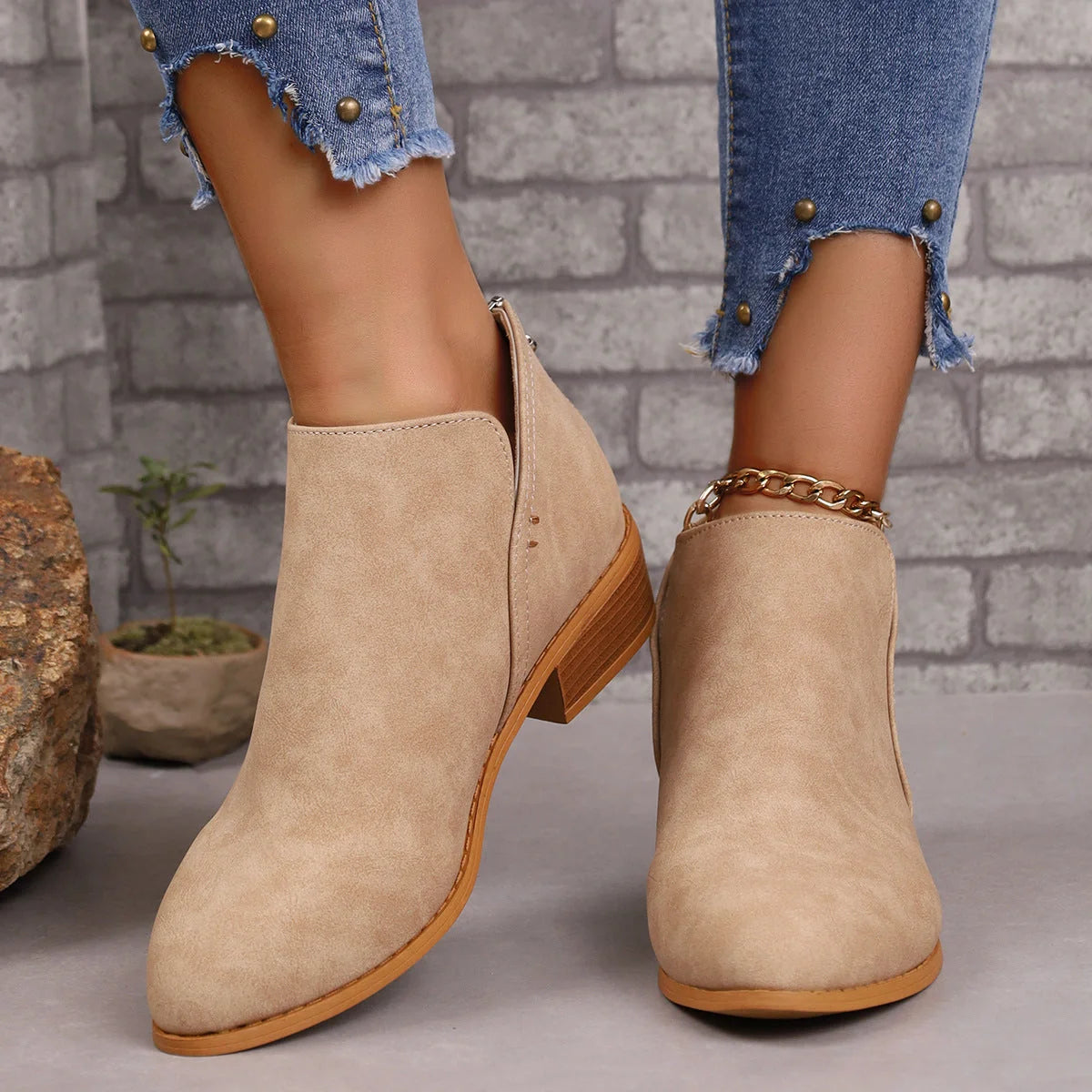 Women's chunky heel pointed toe ankle boots with V-cut design in khaki, off white, black, and pink