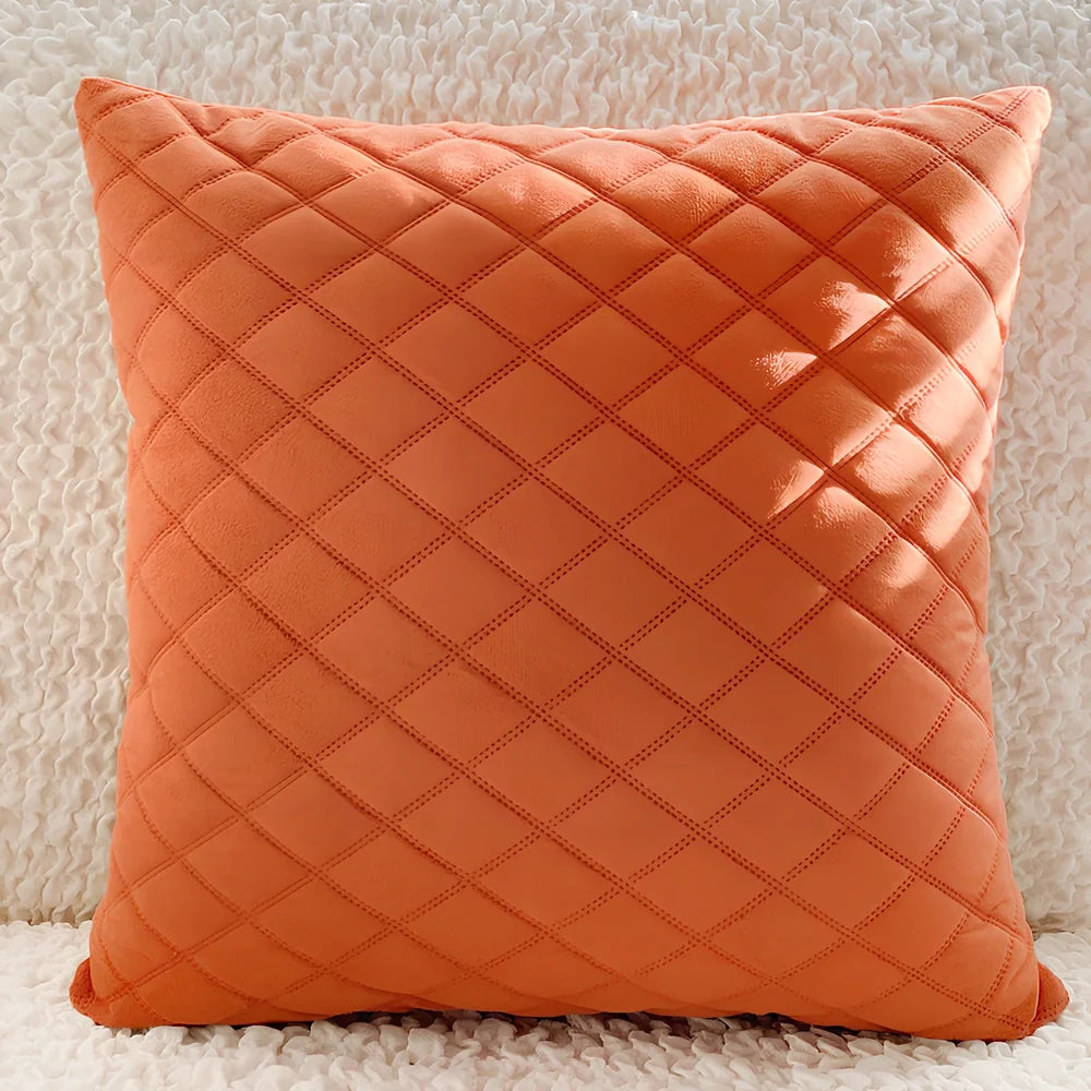 45cm square velvet cushion in Gentleman's Grid colour with PP cotton filler on grey sofa