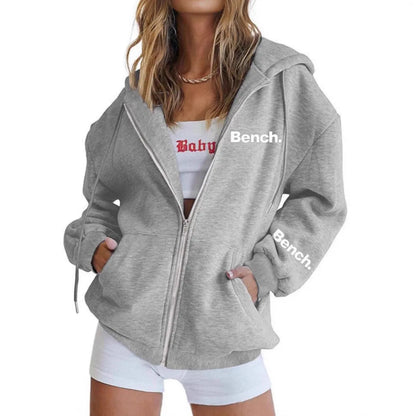 Grey letter print sweater coat with zipper front and loose Japanese-style fit