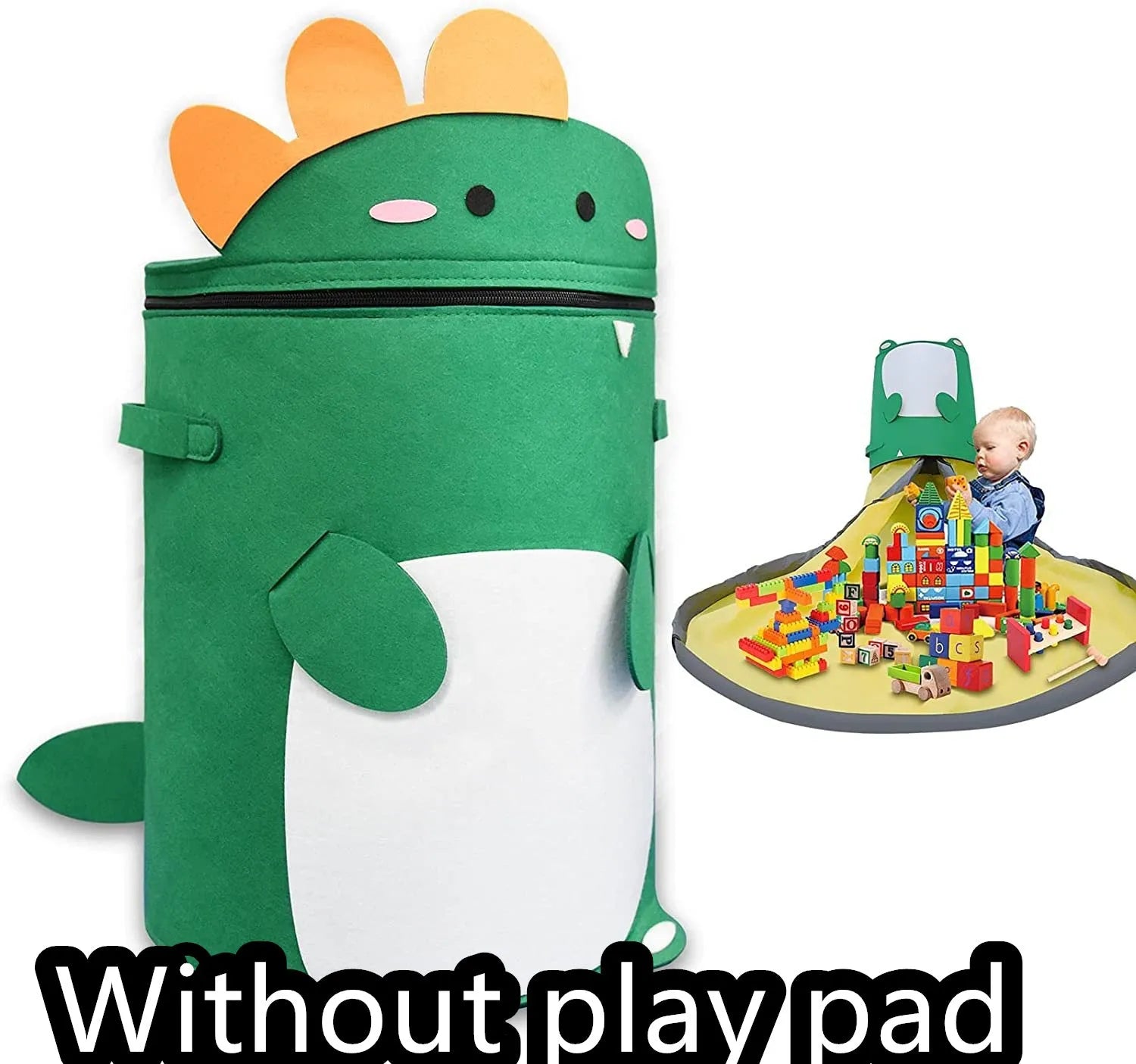 Green felt storage cube with pull rope unfolded flat to show 35cm square waterproof play mat