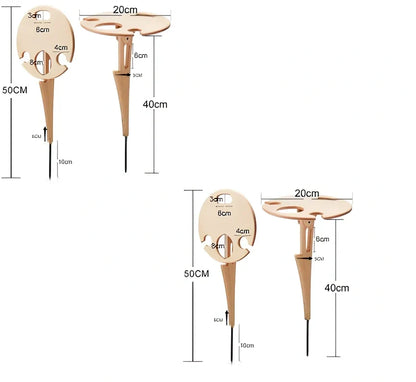 Folding wooden wine table with bottle holder, two glass slots and serving plate section