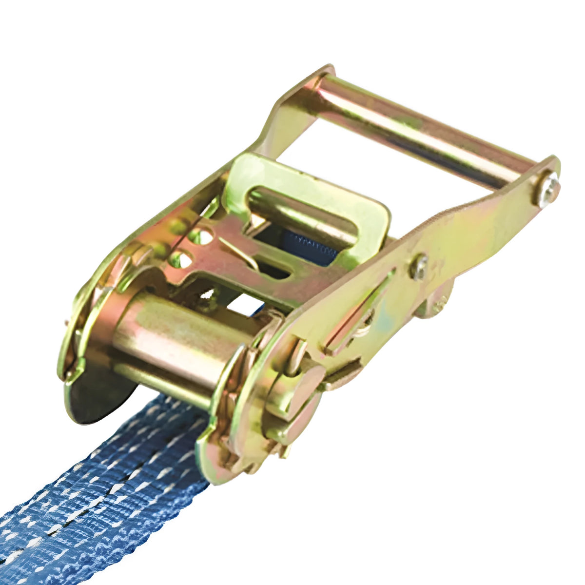 Steel hook and polyester ratchet tensioner binding strap for securing cargo and pallets.
