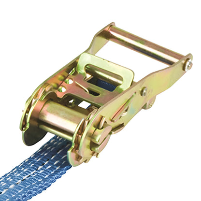 Steel hook and polyester ratchet tensioner binding strap for securing cargo and pallets.