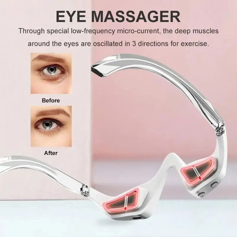 3D Eye Beauty Instrument micro-current massager in pink or white, showing glasses-like design and one-button control for eye relaxation