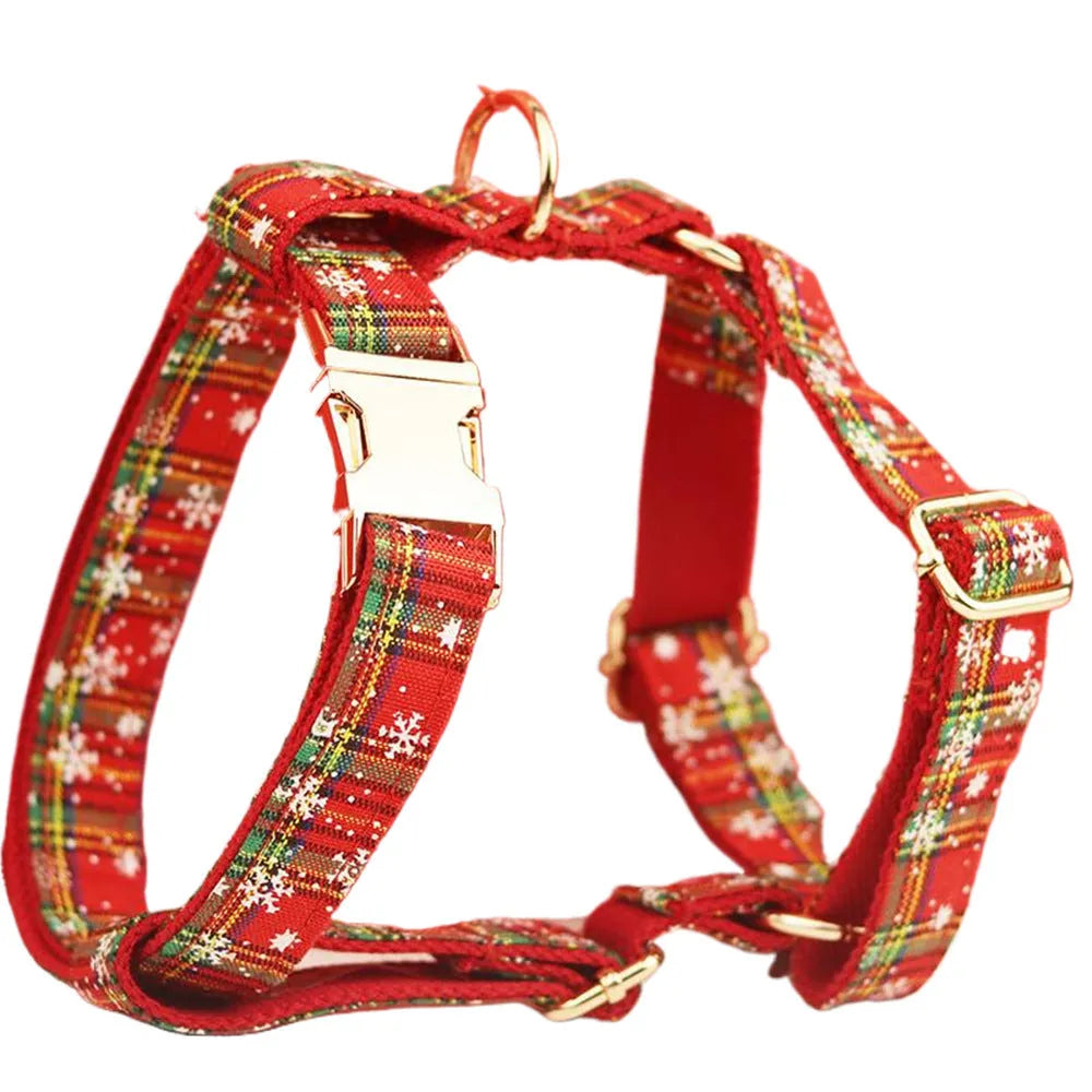 Red Christmas snowflake plaid pattern dog collar and leash set with matching vest and bow tie