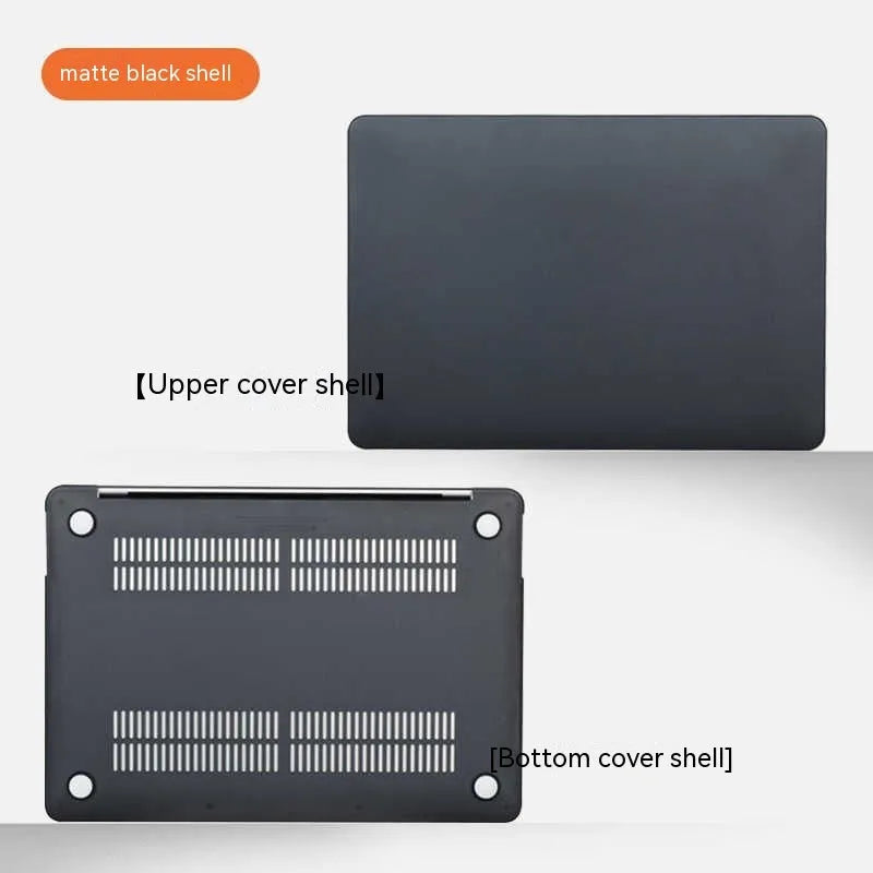 MacBook protective case in crystal transparent and frosted black finishes on a laptop.